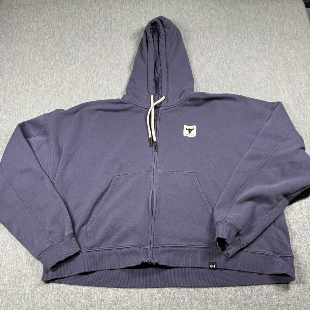 Under Armour Hoodie Women's XL Purple Cropped Zip Up Project Rock Loose Fit Logo